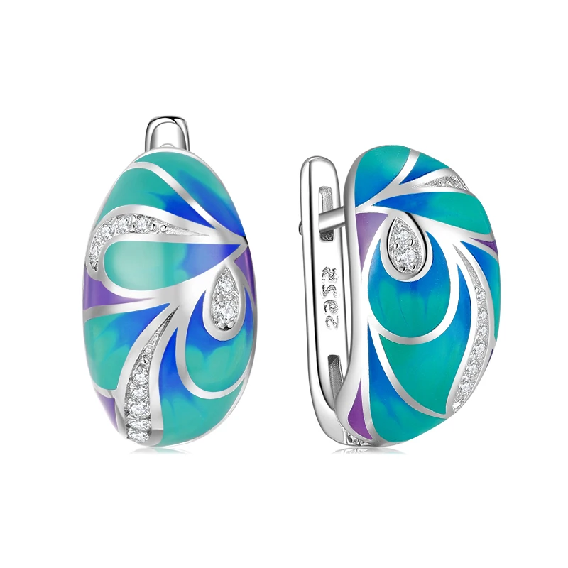 

OGULEE Earrings For Women 925 Sterling Silver cyan-blue Leaves with Cubic Zirconia Enamel Earrings Fine Jewelry Gifts 2021 New