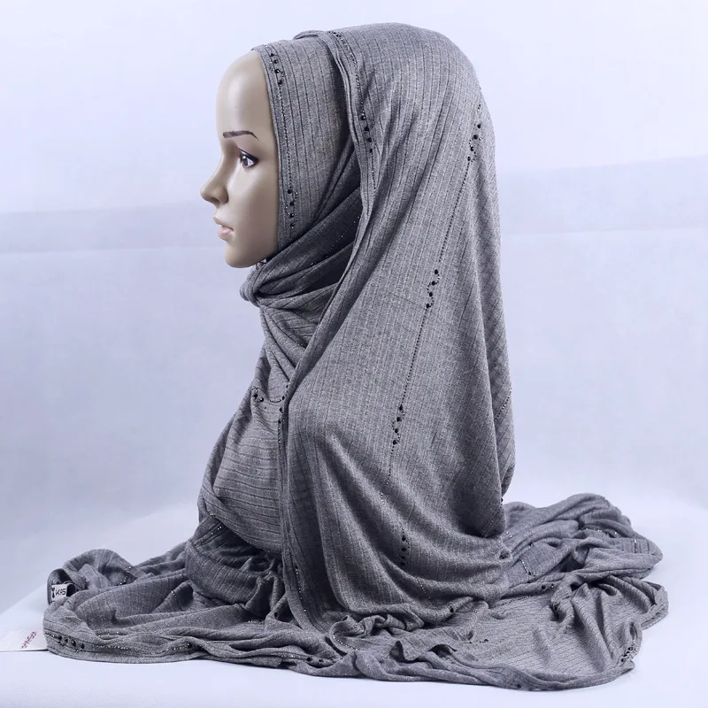 gray 200x120 см KASHKHA брендовый вязанный Длинный Шарф чешские Стразы мусульманские хиджаб платок роскошные бриллианты в полоску завязанные головные уборы - Цвет: gray