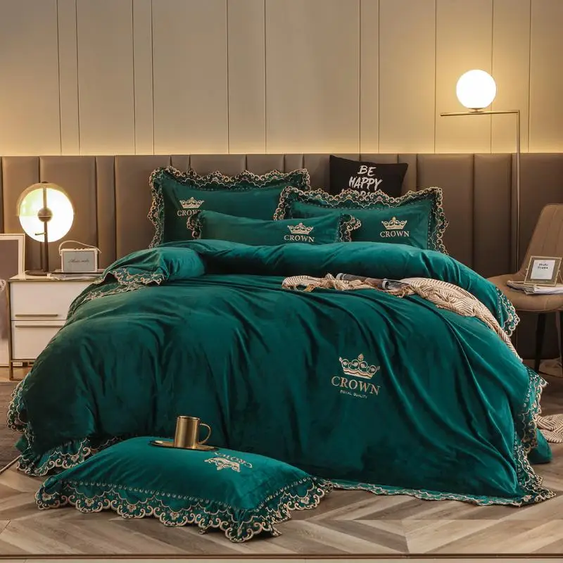 43 Crown Embroidery Winter Velvet Flannel Fleece Lace Bedding set Duvet Cover Bed Linen Fitted Sheet Pillowcases Queen King | Дом и сад