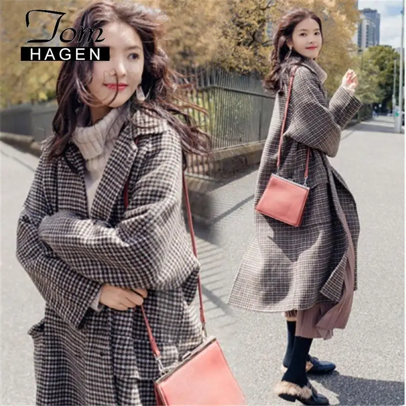 Зимнее шерстяное пальто и куртка Женская Корейская клетчатая Длинная Куртка