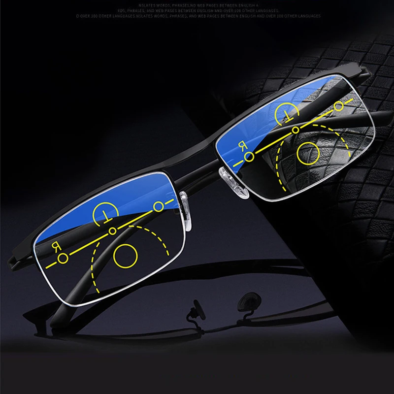 

Multifocal Progressive Reading Glasses Men Women Anti Blue UV Protect Eyesglasses Half Frame Automatic Adjustment Eyewear