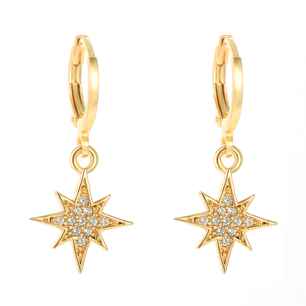 Gold Moon Star Sun Dangle Earrings - Set of 2 Copper Mosaic CZ Charm Korean Women's Drop Earrings | Fashion Jewelry image 3
