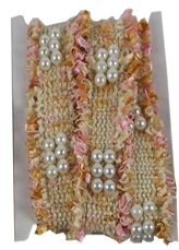 pink 1 yard 3cm Tweed Webbing Pearl Beaded Trim Fabric Ribbon Sewing Handmade DIY Costume Dress Supplies Craft - Цвет: pink