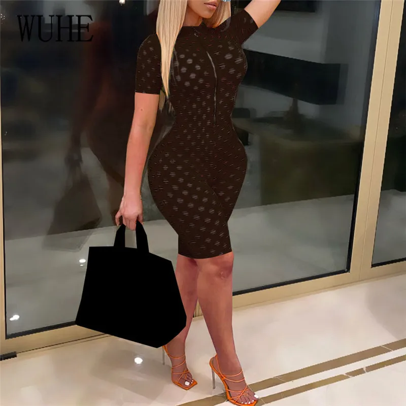 

WUHE Hole See Through Playsuits Sexy Hollow Out Short Sleeve O Neck Zipper Up Skinny Package Hip Party Nightclub Streetwear