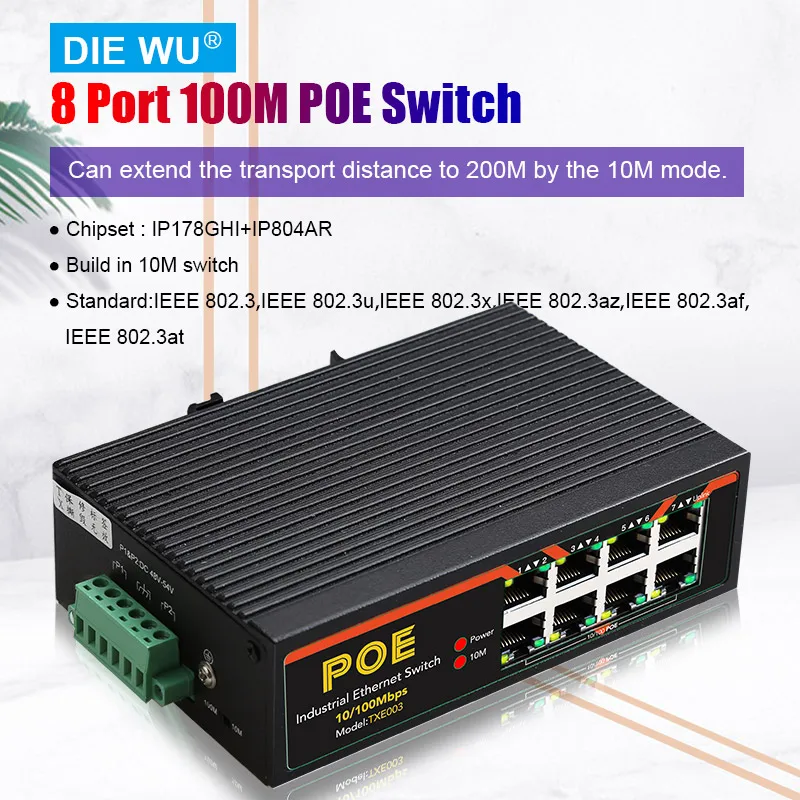 TXI003 8 Порты и разъёмы 100 м POE промышленный коммутатор с IP178GHI + IP808AR/Мощность Вход DC48V