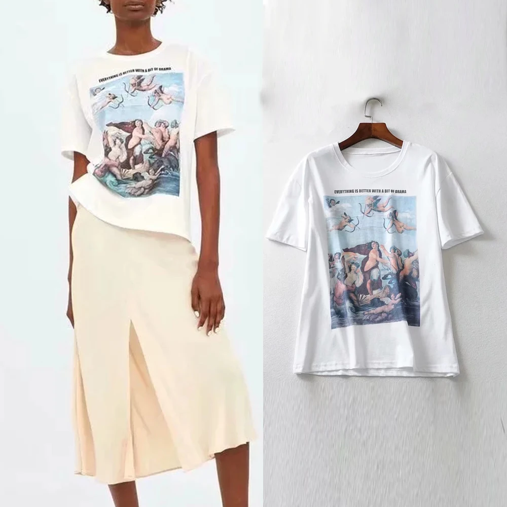 Белая футболка женская одежда с винтажным принтом v образный вырез обычные топы