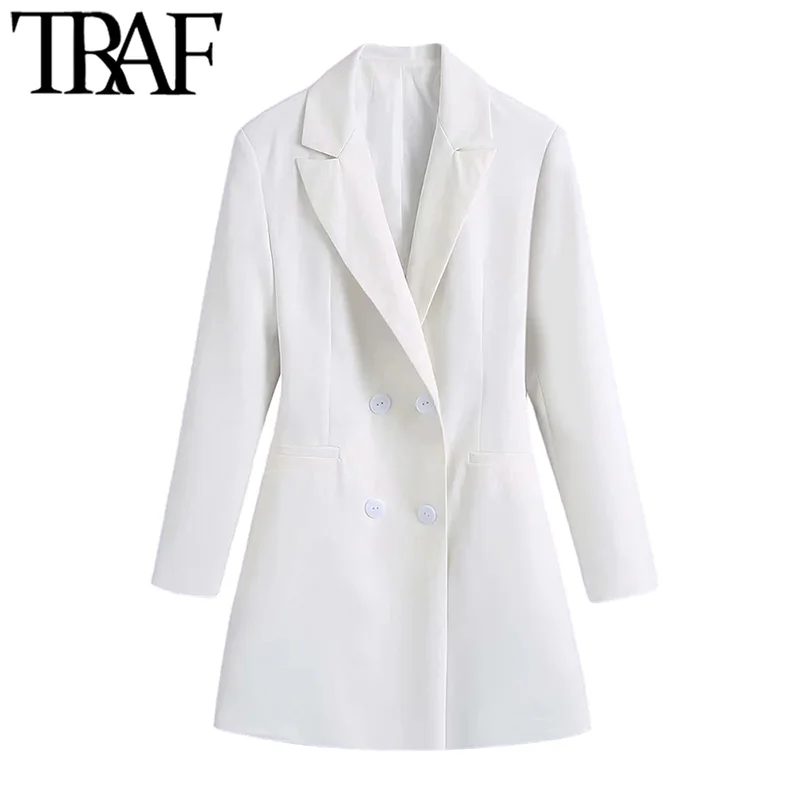 

TRAF Women Fashion Double Breasted White Blazer Coat Vintage Long Sleeve Backless Female Outerwear Chic Veste Femme