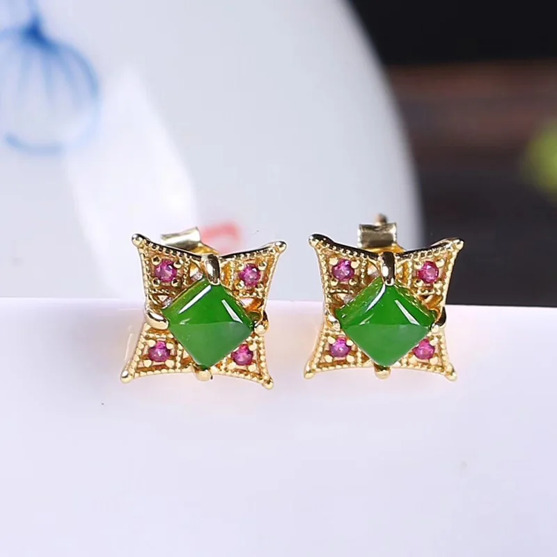 Jadery 925 пробы серебряные серьги-гвоздики 18 К позолота натуральная яшма нефрит