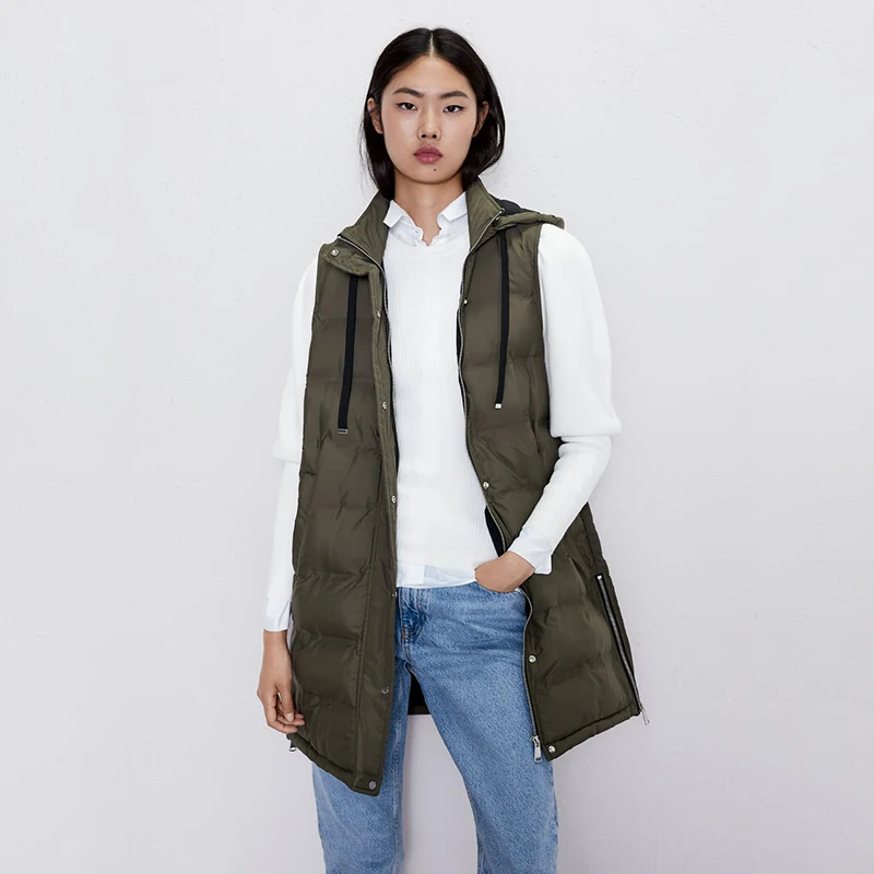 Autumn and Winter ZA New Fashion Cotton Vest Women Collar Hooded Zipper Pocket Sleeveless Casual Loose Warm Cotton Vest Coat