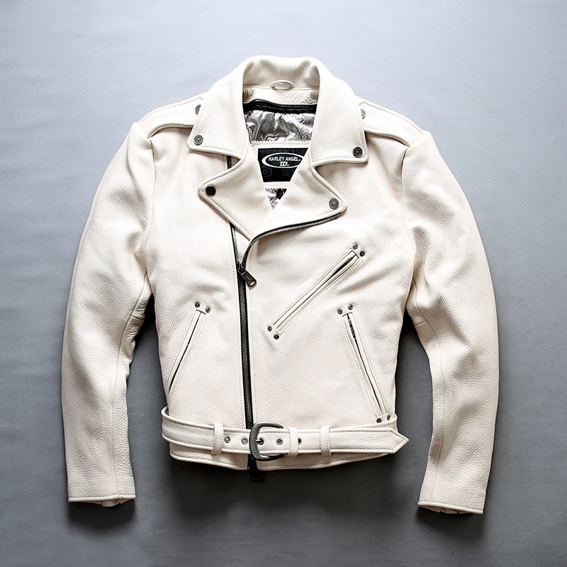 

2021 New Arrival motorcycle genuine leather men turn-down collar cowskin men's biker jacket white coat