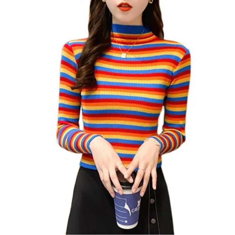 

Rainbow Stripes Sweater Jumper Knitwear 2020 Fashion Slim Sexy Women's Turtlenecks Sweaters And Pullovers Colorful Pull