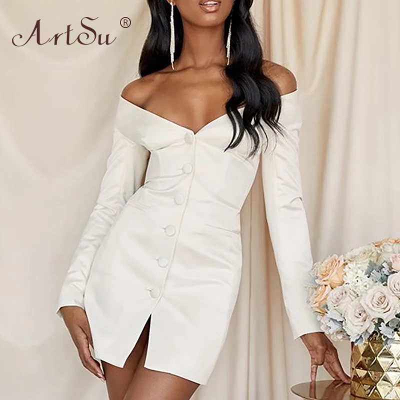 ArtSu короткий с открытыми плечами белый блейзер платье для женщин осень зима Bodycon