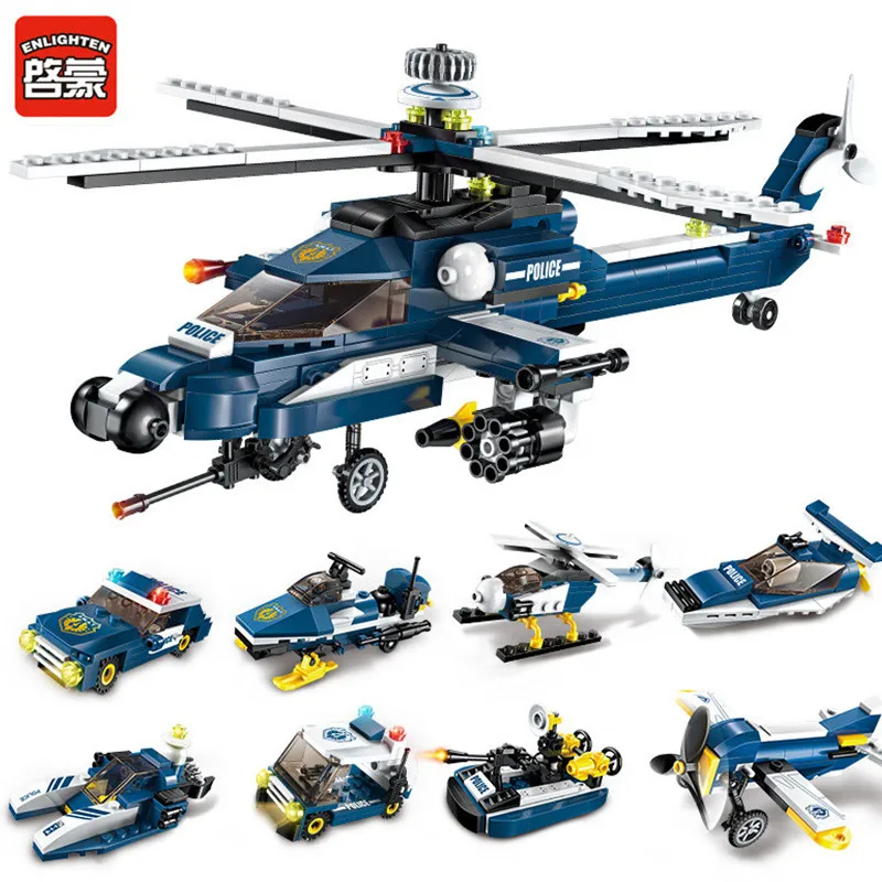 

Enlighten 381Pcs 8 IN 1 City Police Fighter Building Blocks Sets Storm Armed Helicopter Bricks Educational Toys for Children