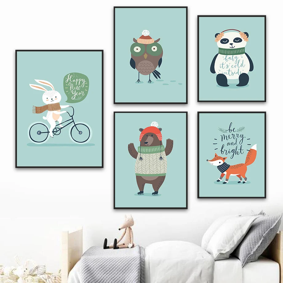 

Panda Bunny Owl Bear Fox Hat Scarf Bicycle Wall Art Canvas Painting Nordic Posters And Prints Wall Pictures Baby Kids Room Decor