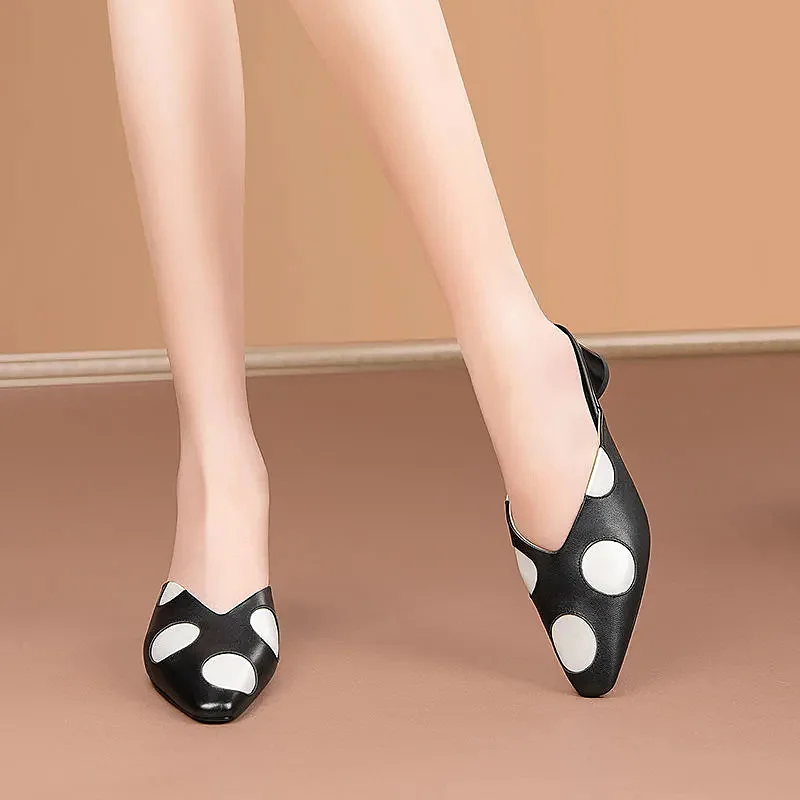 

Black White Polka Dot Mules Shoes Women Round Heel Pumps Shoes Ladies Summer Mule Slides Woman Mules Pointed Closed Toe Heels