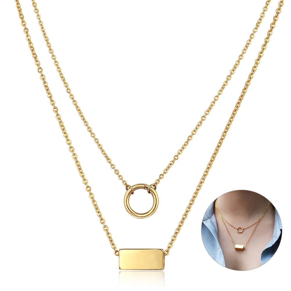 

Double Layered Pendant Choker Necklace for Women Girl Stainless Steel Rolo Link Chain Round Hoop ID Cube Charms Gifts DS08A