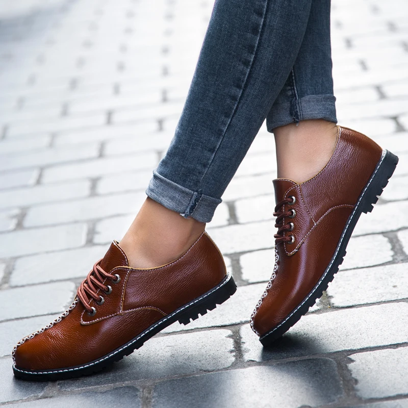 Мужские повседневные кожаные туфли коричневые оксфорды из коровьего спилка на