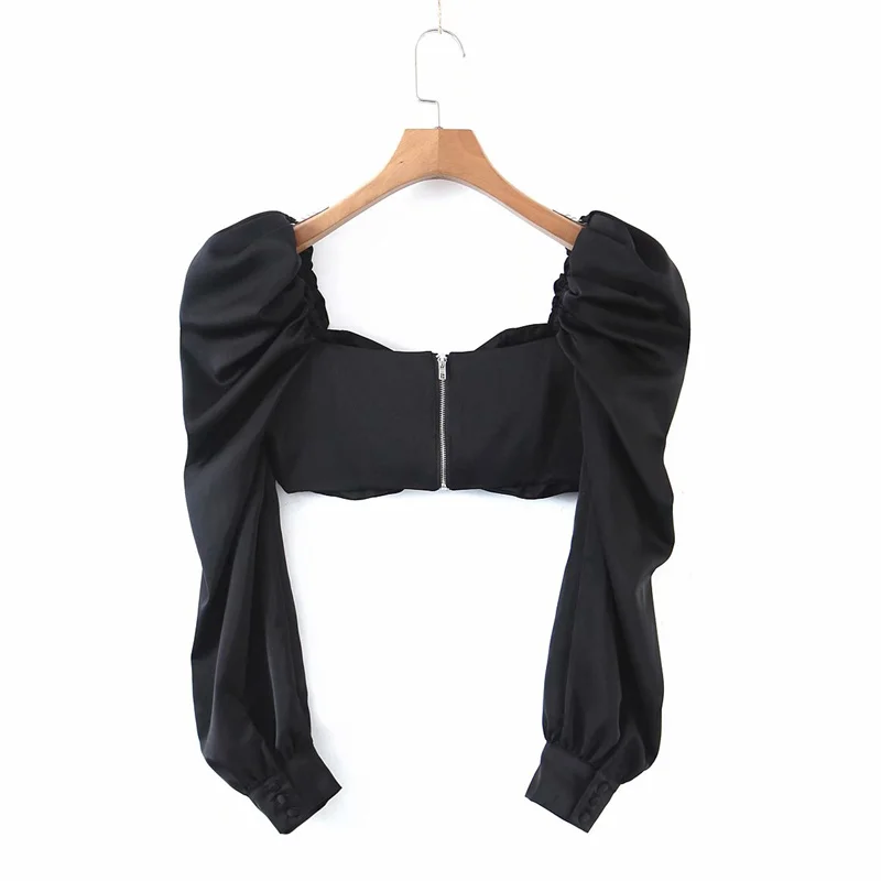 

2021 Spring Sexy Woman Y2K Black Slim Strapless Backless Cropped Tops Female Fashion Puff Sleeve Zipper Short Blouses
