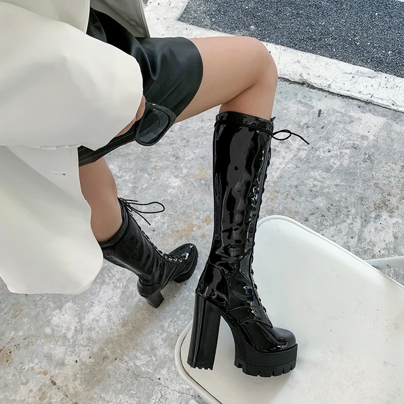 

Fashion Women Platform Boots Patent Leather Shoes Autumn Winter Knee High Boots Ladies Thick Sole Nightclub Boots Botas Mujer