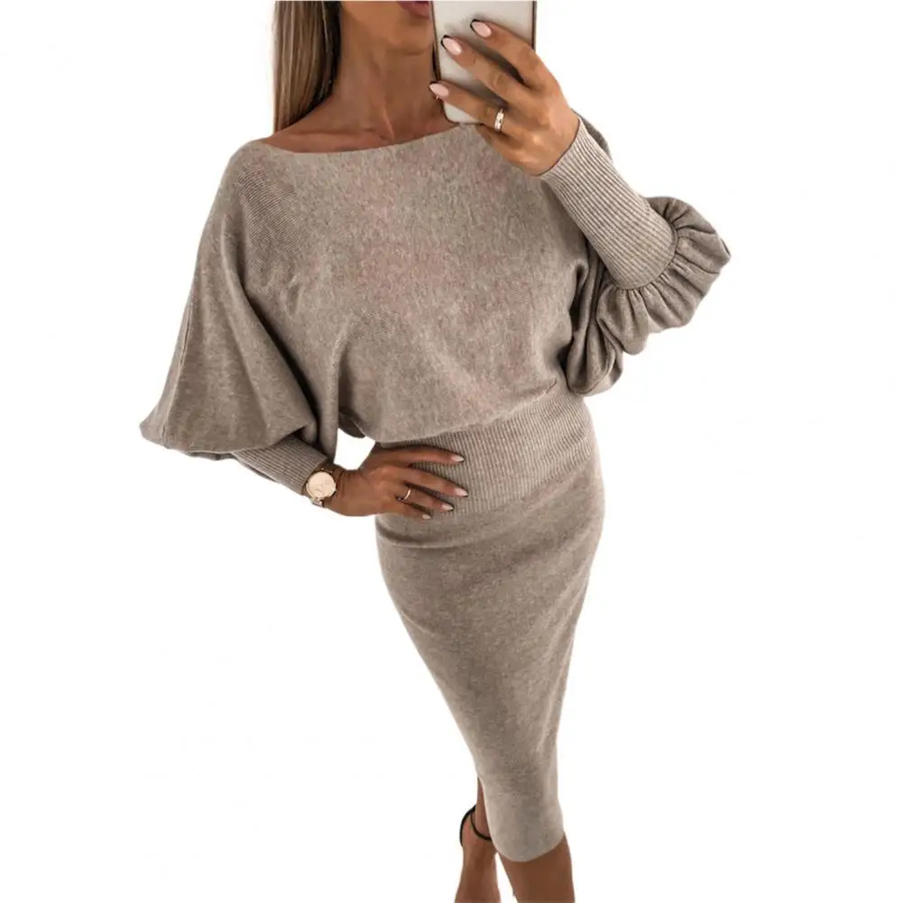 

Tunics Dresses Women Elegant Slim Fit Waist Shaping Slash-neck Lantern Long Sleeve Knitted Dress Female for Dating