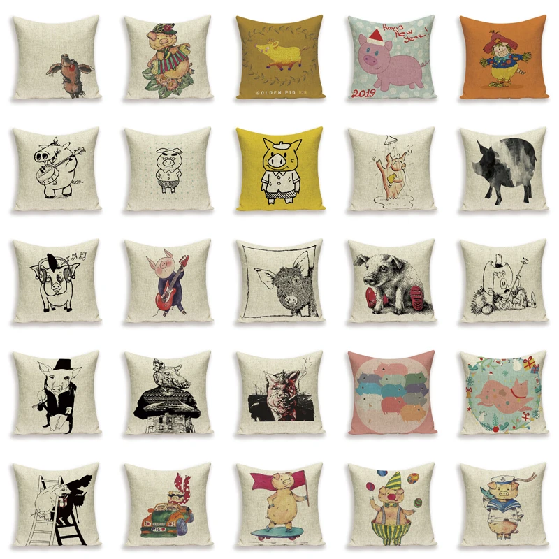 

Childrens Cushions Decorative Sofa Cute Animal Cushions Cover Cartoon Pig Throw Pillows 45 X 45 Cm Linen Living Room Pillow Case