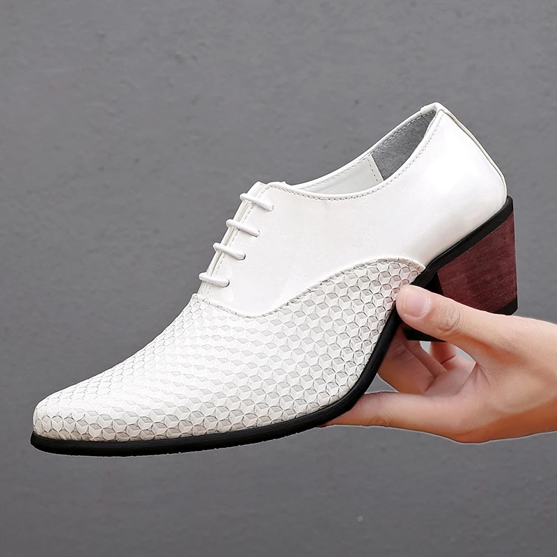 

2020 Men White Formal Shoes High Heels Oxfords Soft Mocassin Homme Chaussure Height Increase Dress Driving Boat Shoes Gommino