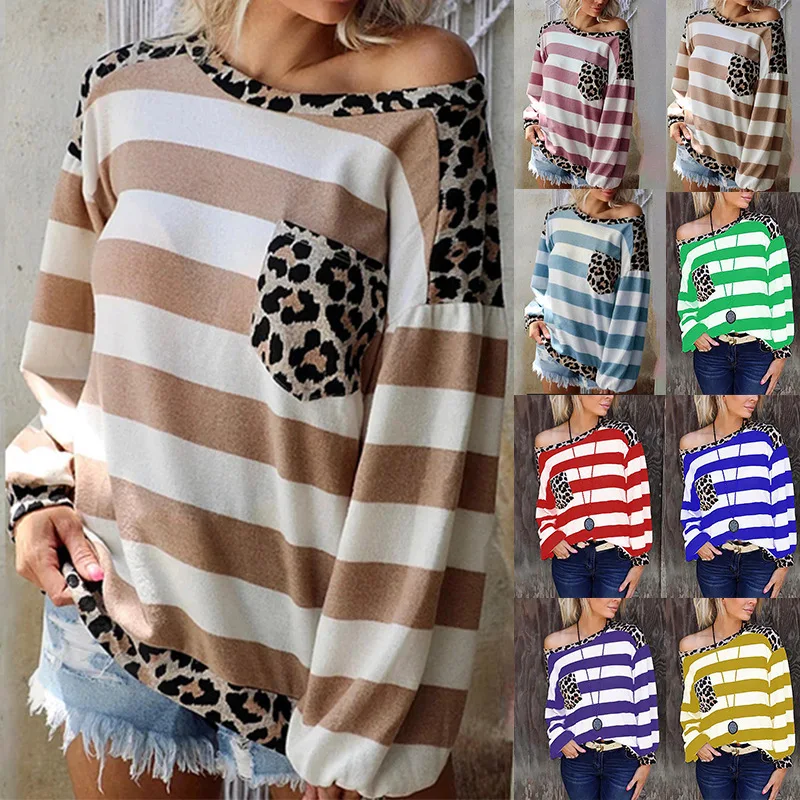 

2021 Autumn Winter Fashion New Women Ladies Leopard Print Stitching Pockets Casual T-shirt Pullover Plus Size Tops Dropshipping