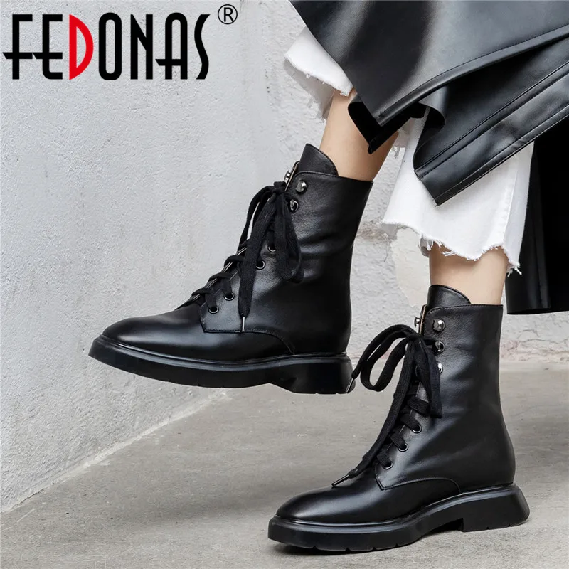 Женские ботильоны на шнуровке FEDONAS Черные Теплые повседневные из натуральной