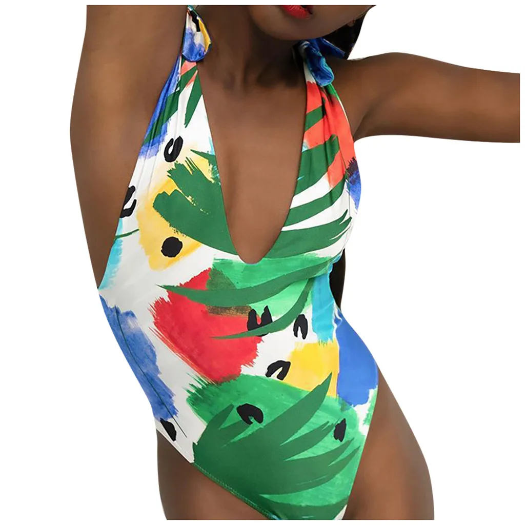 Новый женский модный комбинезон с V-образным вырезом купальный костюм цветочным