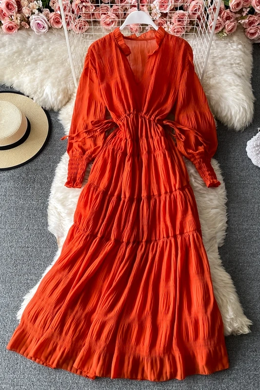 

Boho A-Line Spring Autumn Dresses Women Elegant High Waist Long Sleeve Midi Dress Party Runway 2021 Luxury Vintage Solid Chic