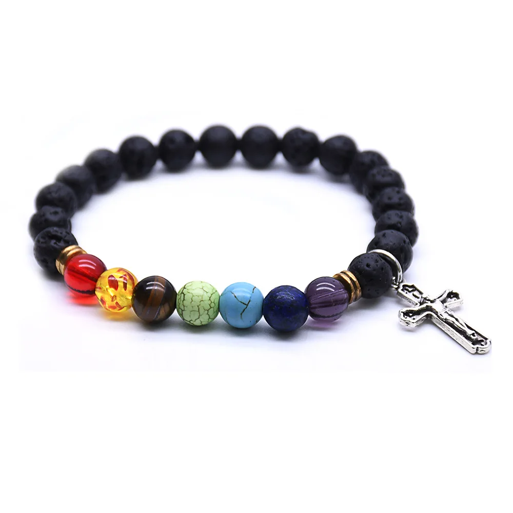 

Volcanic Rock Beaded Bracelets Seven Star Lucky Beads Christ Cross Oendant Handmade Rope Chain Religiousmen Women Jewelry Gift