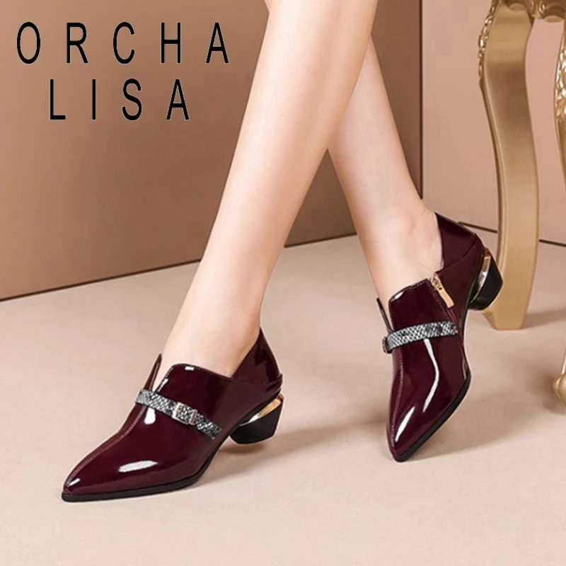 

ORCHA LISA New 2021 Ladies Pumps Pointed Toe Patent Leather 4cm Strange Heels Buckle Bling Designer Stylish Big Size 43 A3537