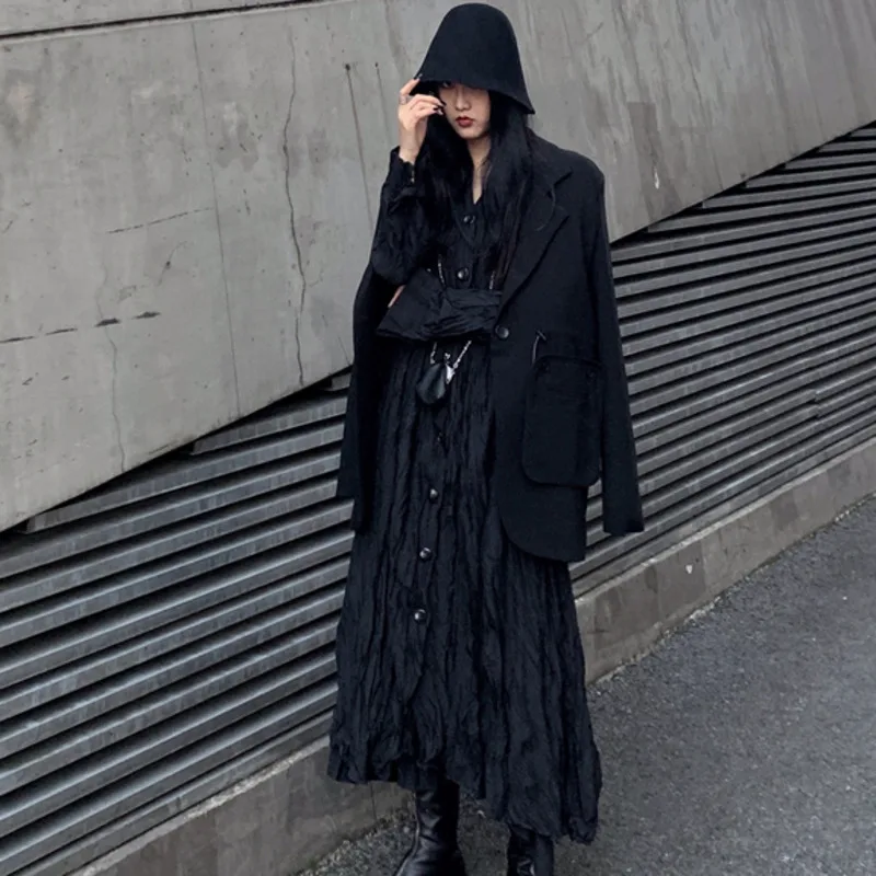SHENGPALAE 2020 New Spring Long Dress Women Vintage Loose High Waist Slim Was Thin Elegant Black Shirt Pleated ZA2410 | Женская одежда