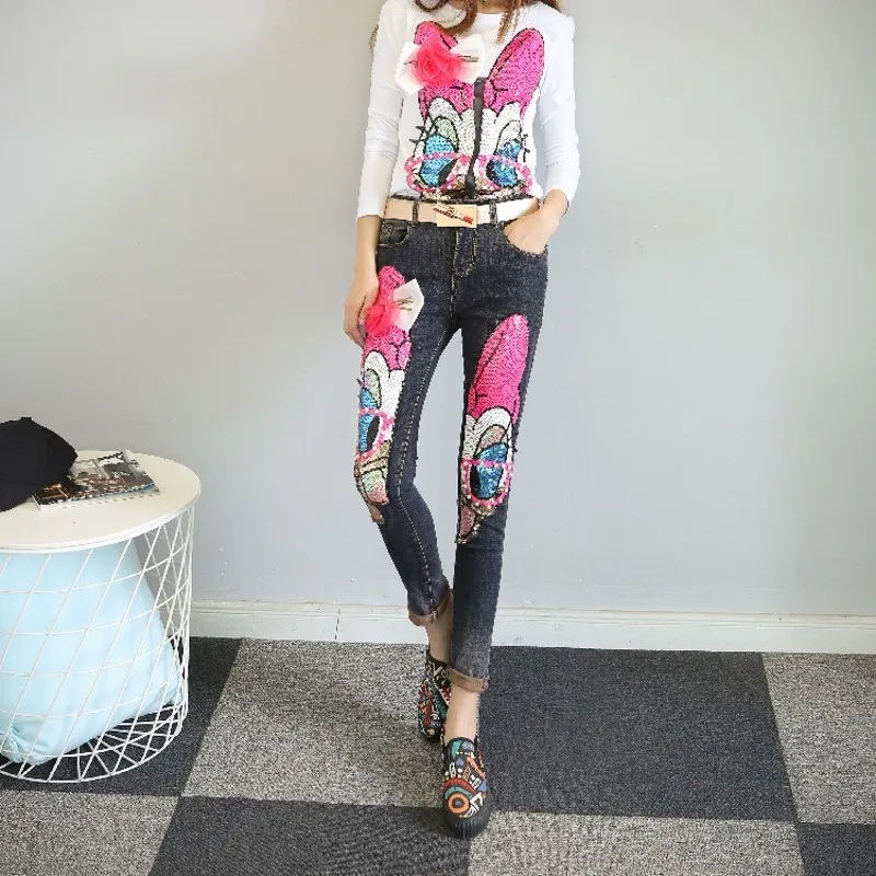 Милые модные женские джинсовые брюки с аппликацией в стиле пэчворк узкие