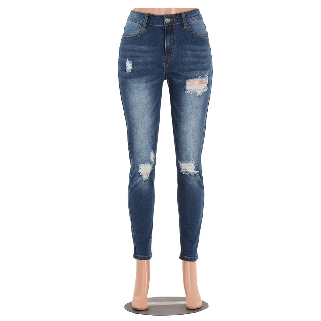 2019 Fashion autumn summer women's jeans Casual High-rise slim New dark blue Hole casual stretch Skinny L0819 | Женская одежда