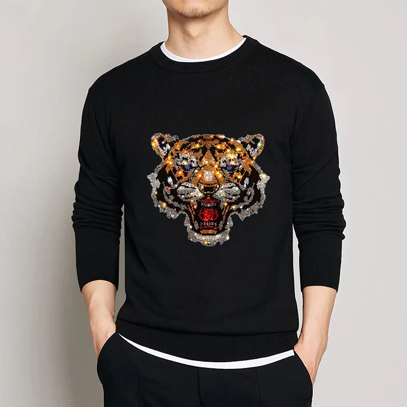 

Designer Original Craft Animal Diamond-Studded Shiny Unique Men's Sweater Gradient Slim Round Neck Fashion Autumn And Winter Top