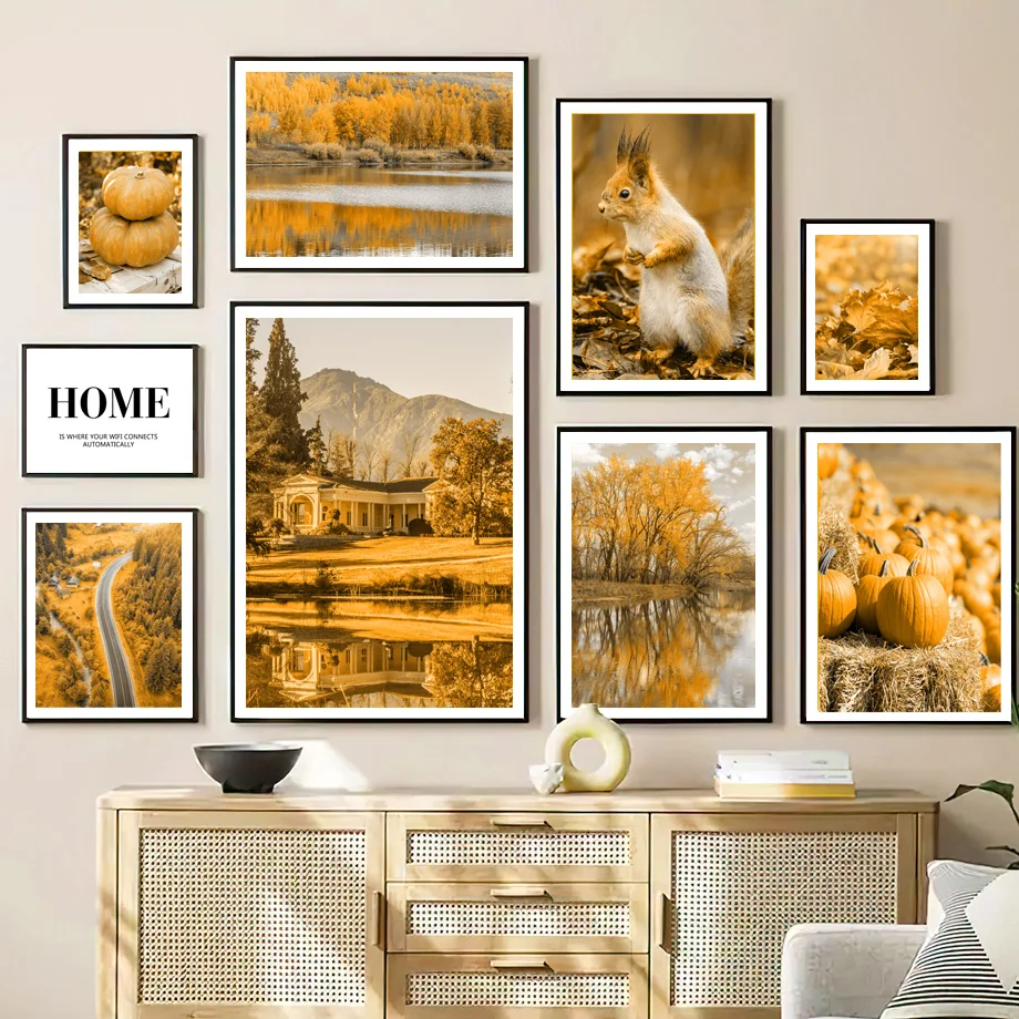 

Autumn Lake Forest Squirrel Pumpkin Fallen Leaf Wall Art Print Canvas Painting Nordic Poster Decoration Pictures For Living Room