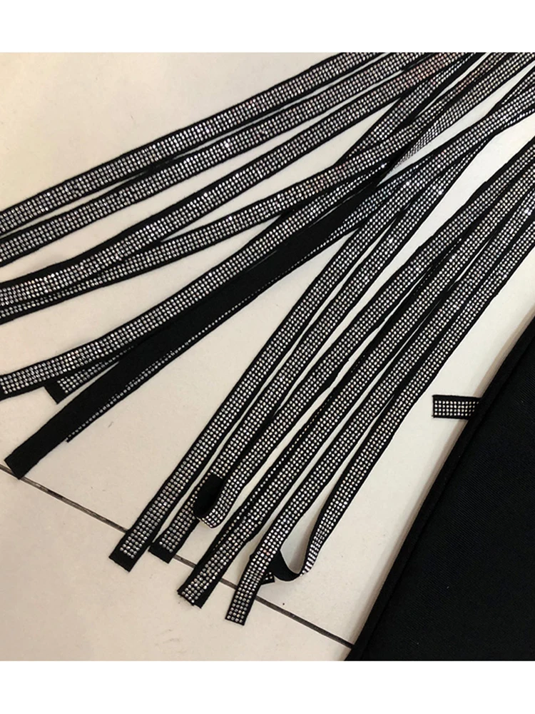 

First song Women's Skinny Rhinestone Tassel Sexy Dress 2020New Summer Long Sleeve V-Neck Elastic Waist Women's Mini Dress XL