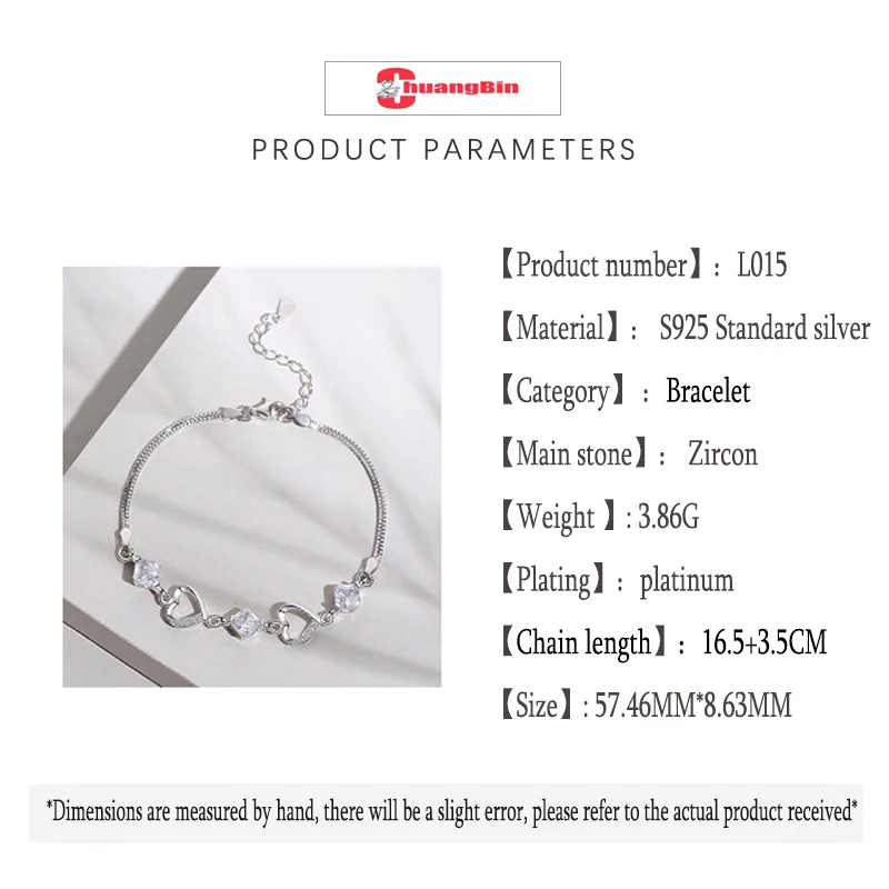 

Genuine S925 Sterling Silver Jewelry Female Heart-shaped Crystal Bracelet Luxury Zircon Bracelet Suitable for Birthday Gifts