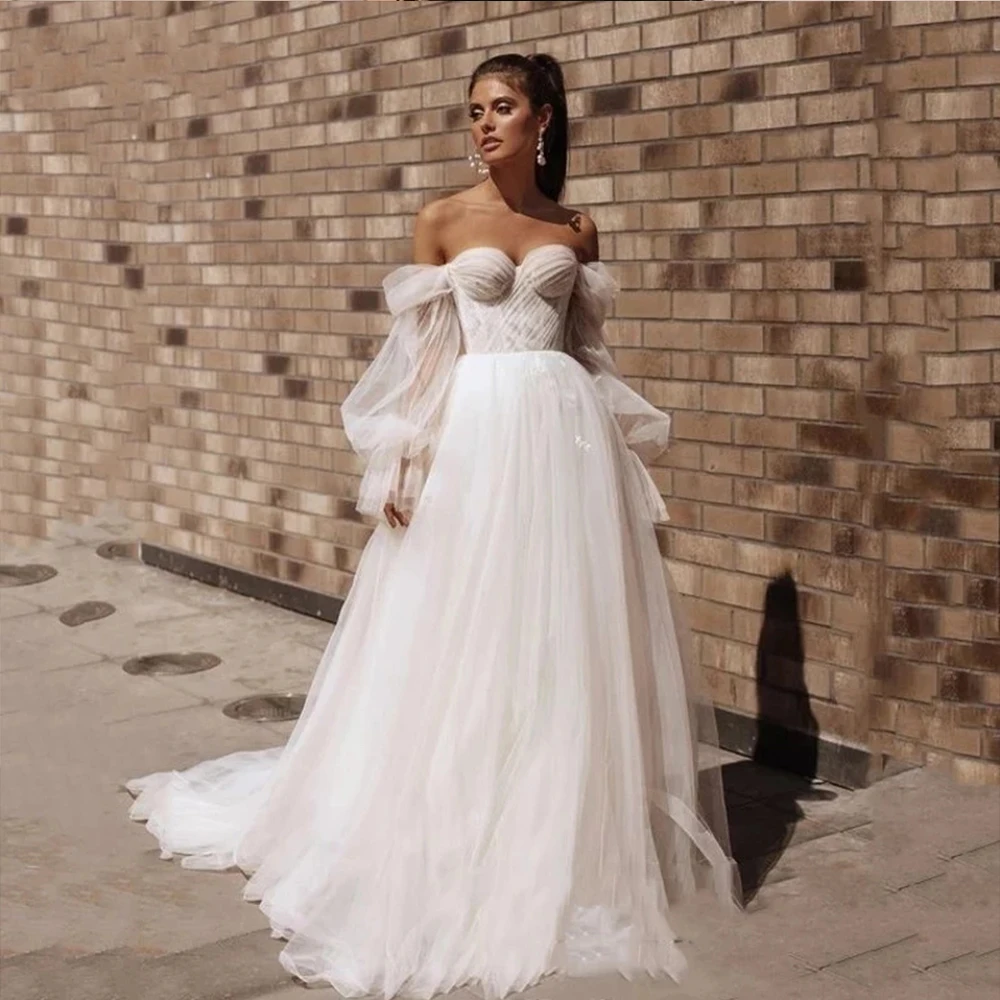 

Princess Tulle Wedding Dress 2021 Sweetheart Puff Sleeves Beach Bridal Gown Plus Custom Made A-Line Свадебное платье 2021