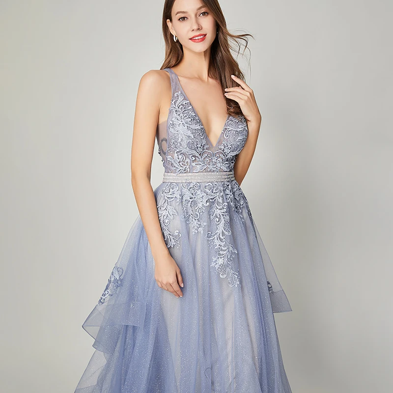 

2020 Women Evening Dresses Long Blue V-Neck Lace Up Sleeveless Tulle Appliques Formal Evening Dress Robe De Soiree Plus Size