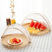 handmade bamboo wicker basket with gauze cover dustproof kitchen storage tray for bread food vagetable home orgnizer supplies