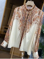 tops fashion silk blouse shirt 2022 spring summer elegant tops women vintage print long sleeve black apricot blouses ladies