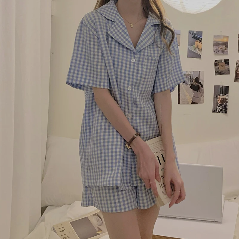 

CBAFU summer blue plaid pajamas set home suit women sleepwear loose homewear 2 piece set short sleeve tops shorts suit M633