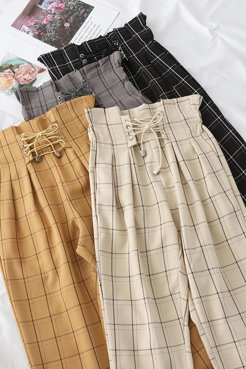 Женские клетчатые брюки черные свободные с высокой талией на завязках