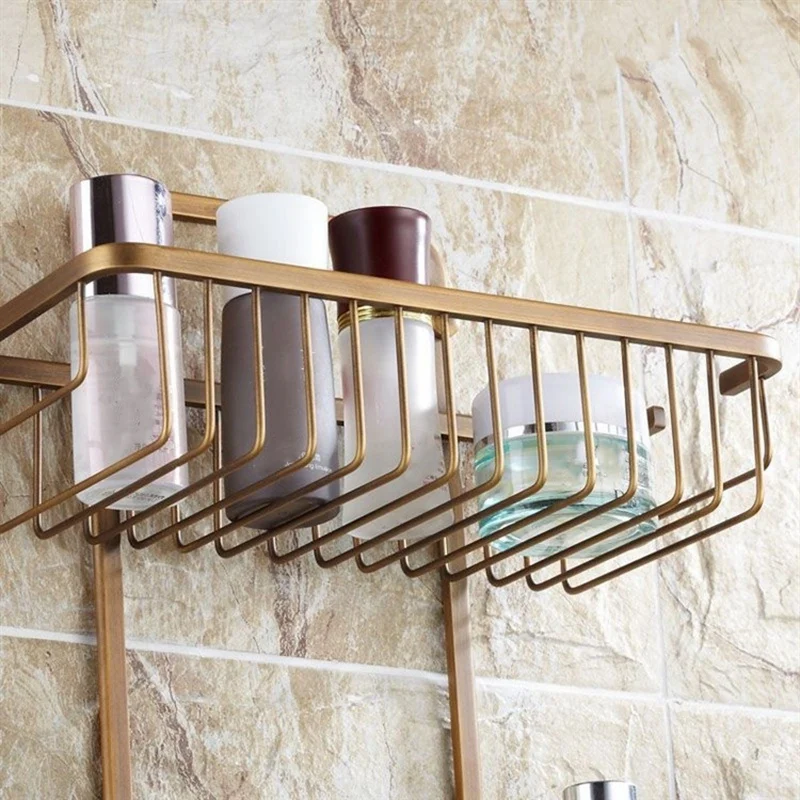

Dual Tier Copper Square Bathroom Basket Vintage,Antique Kitchen Rack Shelf Wall Mounted,European Storage Rack with Hooks