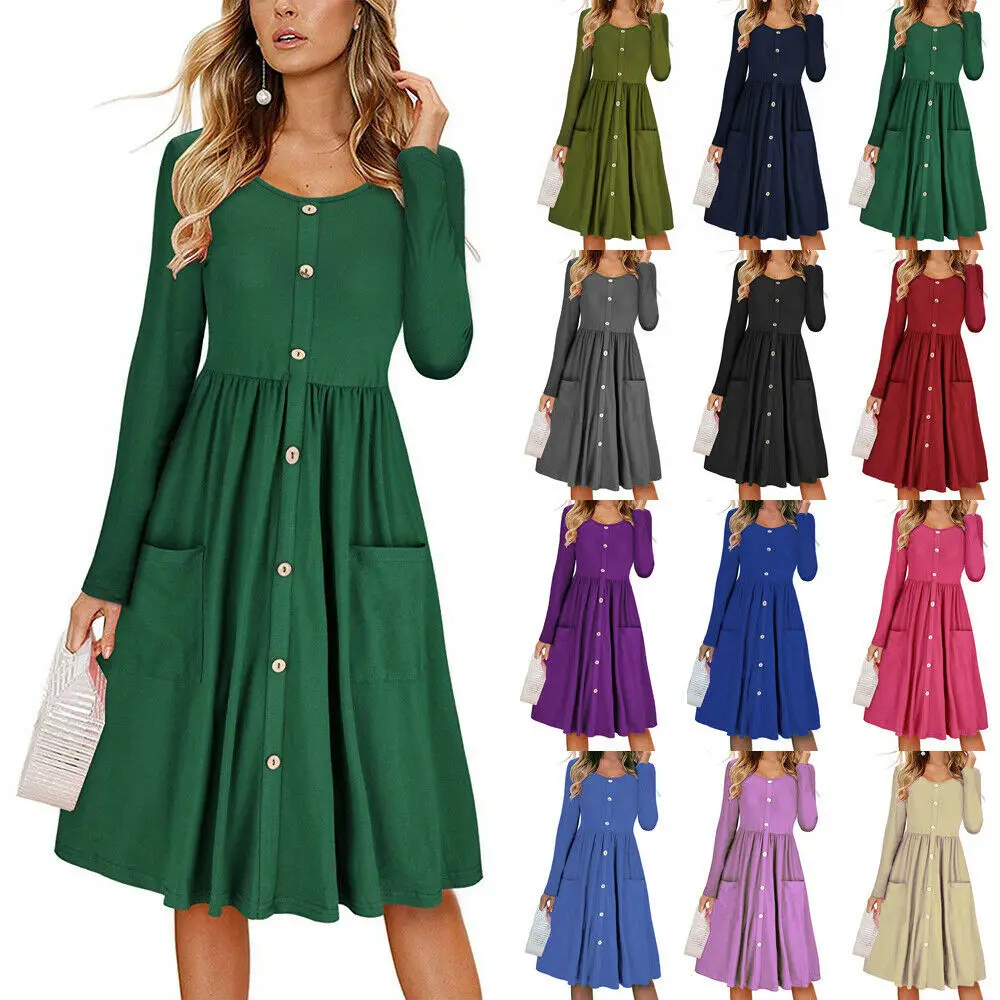 2022 Autumn A-line Skirt New Long Sleeve Waist Button Dress Womens Temperament Commuting