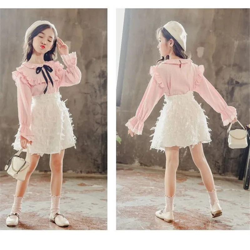 Комплект детской одежды для девочек рубашка + сетчатая юбка повседневный