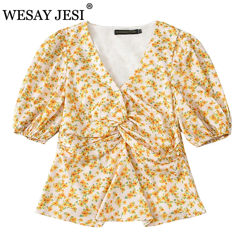 

WESAY JESI 2021 Spring New Women's Tops Lantern Sleeve V-neck Floral Print Sweet and Elegant Shirt Fashion Retro Temperament Top