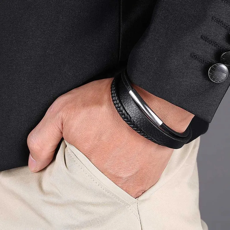 New Design Mutilayer Handmade Black Braided Leather Bracelets Bangles for Men Stainless Steel Fashion Wristband Best Gift SP1010 | Украшения
